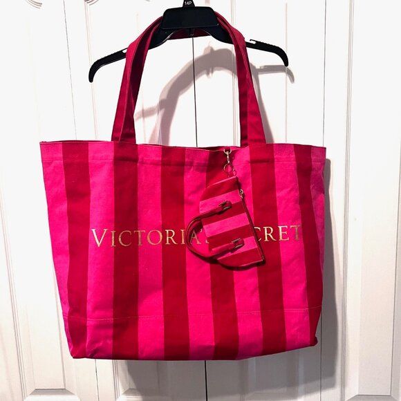 Victoria's Secret Handbags - Victoria's Secret Iconic Pink/Red/Gold Striped Canvas Large Tote-Bonus Small One